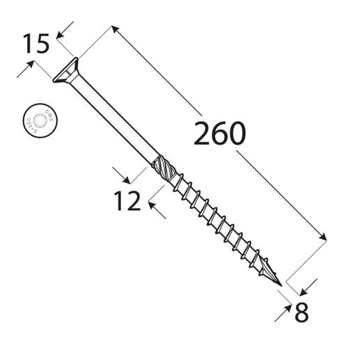 Holșurub de construcții cu cap înecat TX, 8x260 mm, 50 buc