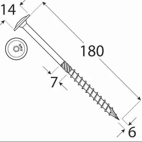 Holșurub pentru construcții dulgherie cu cap plat TX30, 6x180 mm, 100 buc