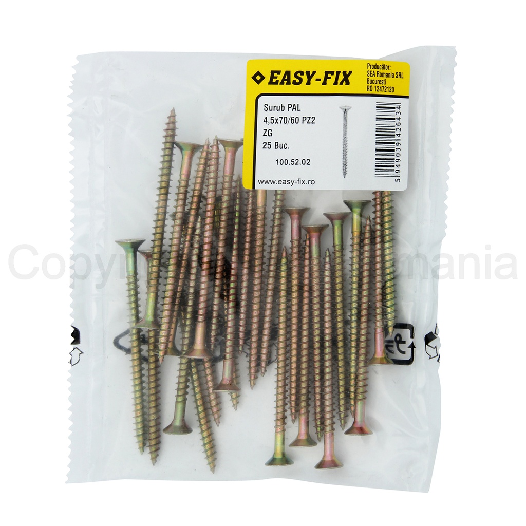 Surub pentru PAL si lemn cap inecat 4,5x70/60 PZ2 - Zn galben - 25 buc