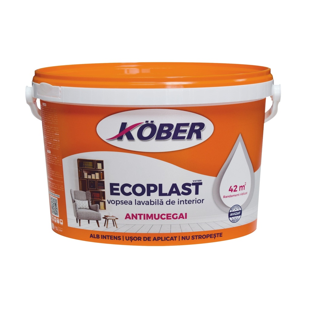 Vopsea lavabilă Kober Ecoplast albă intens-mat pentru interior antimucegai, 8.5 l