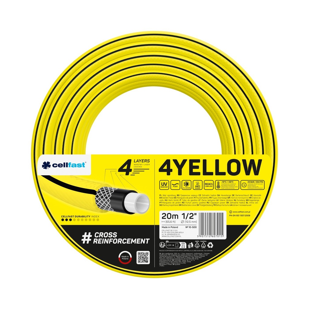 Furtun pentru grădină CELLFAST 4 straturi, 4YELLOW , 1/2" 20 m