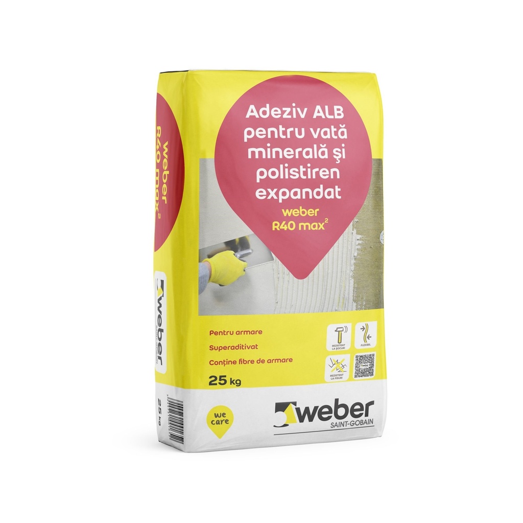 Adeziv alb Weber R40 max2 pentru vată minerală și polistiren expandat, 25 kg