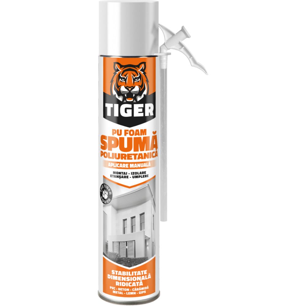 Spumă poliuretanică TIGER cu pai pentru montaj aplicare manuală, 600 ml