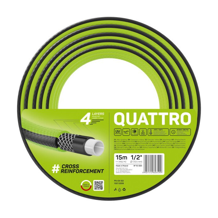 Furtun pentru gradina cu 4 straturi Cellfast QUATTRO, 1/2", armat, 15 m lungime, protectie UV