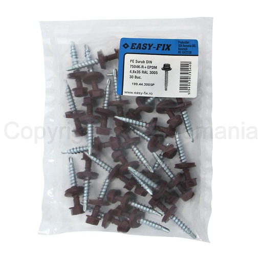 [P008760] Șurub autoforant cu cap HEX 4.8x35 mm, șaibă EPDM Ø14 mm, RAL 3005 prindere pe lemn, 30 bucăți