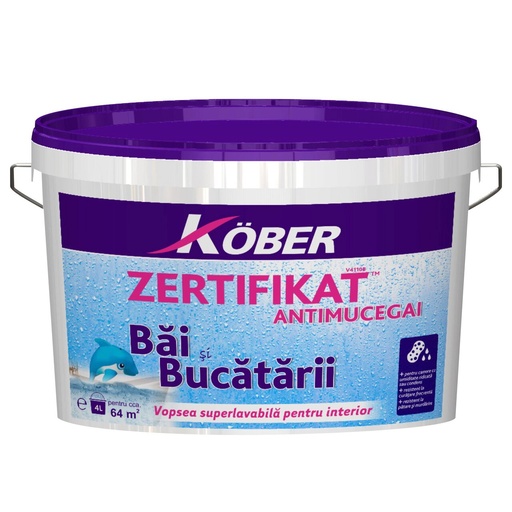 [P004762] Vopsea lavabilă Zertifikat Plus antimucegai pentru interior bucătărie și baie albă, 4 l