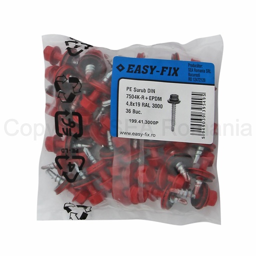 [P007183] Șurub autoforant cu cap HEX 4.8x19 mm, șaibă EPDM Ø14 mm, RAL 3000 prindere pe metal, 36 bucăți