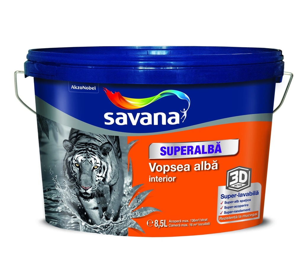 Vopsea Savana superalbă superlavabilă pentru interior, 3D ACTIV cu rezistentă la mucegai, 8.5 l