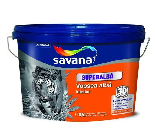 [P005050] Vopsea Savana superalbă superlavabilă pentru interior, 3D ACTIV cu rezistentă la mucegai, 8.5 l