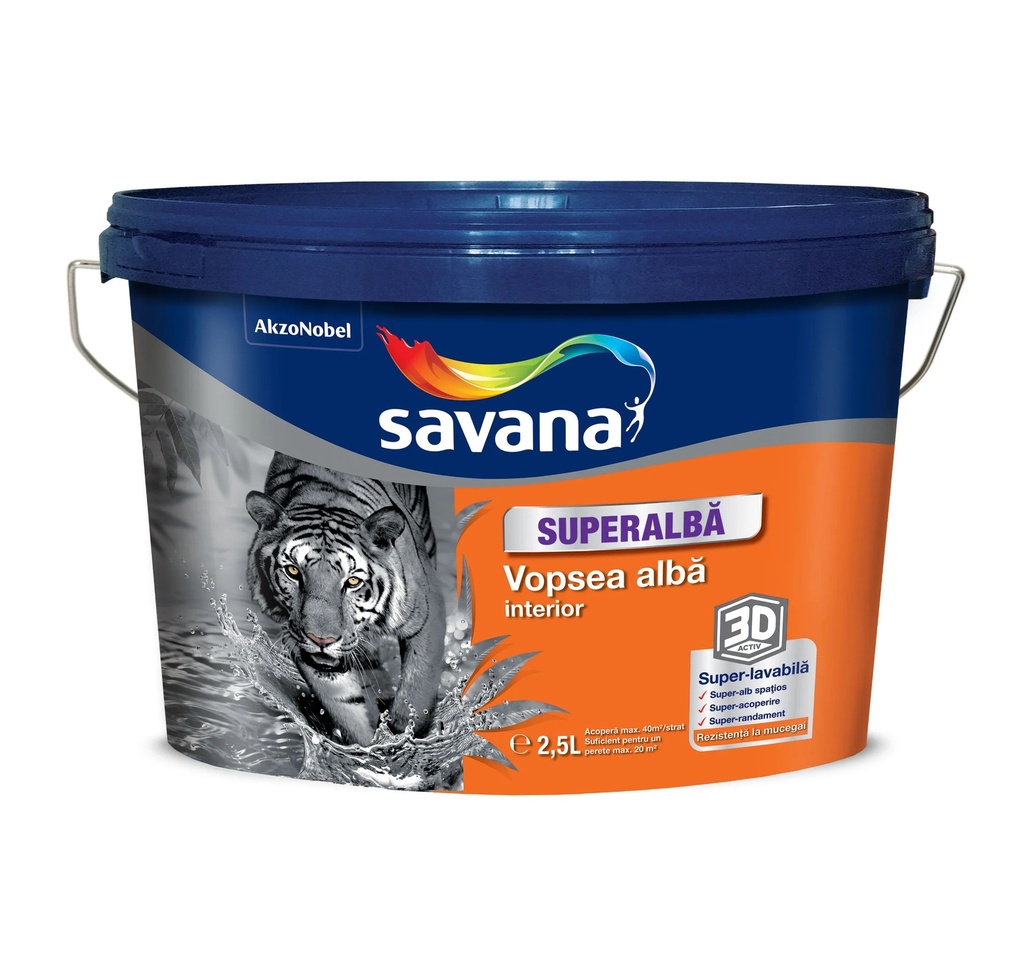 Vopsea Savana superalbă superlavabilă pentru interior, 3D ACTIV cu rezistentă la mucegai, 2.5 l